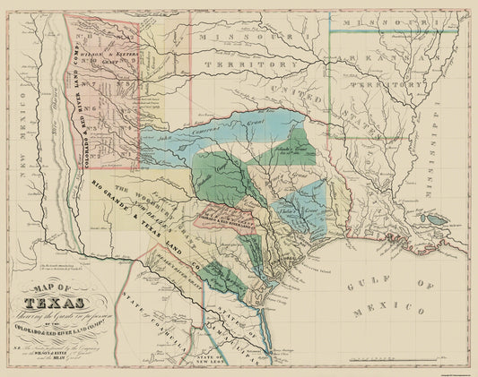 Historic State Map - Texas Colorado Red River Land Grants 1821 - 29 x 23 - Vintage Wall Art