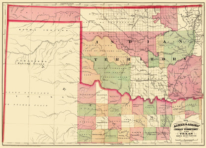 Historic State Map - Indian Territory North West Texas 1874 - 32 x 23 - Vintage Wall Art