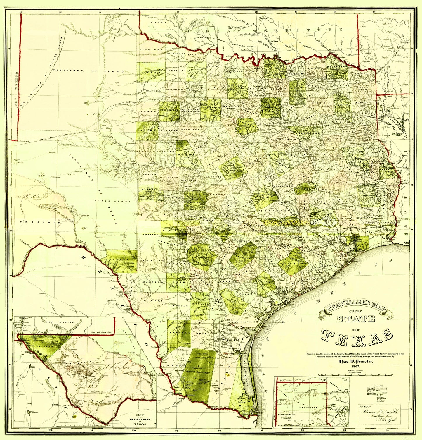 Historic State Map - Texas Travellers - Pressler 1867 - 23 x 23.93 - Vintage Wall Art