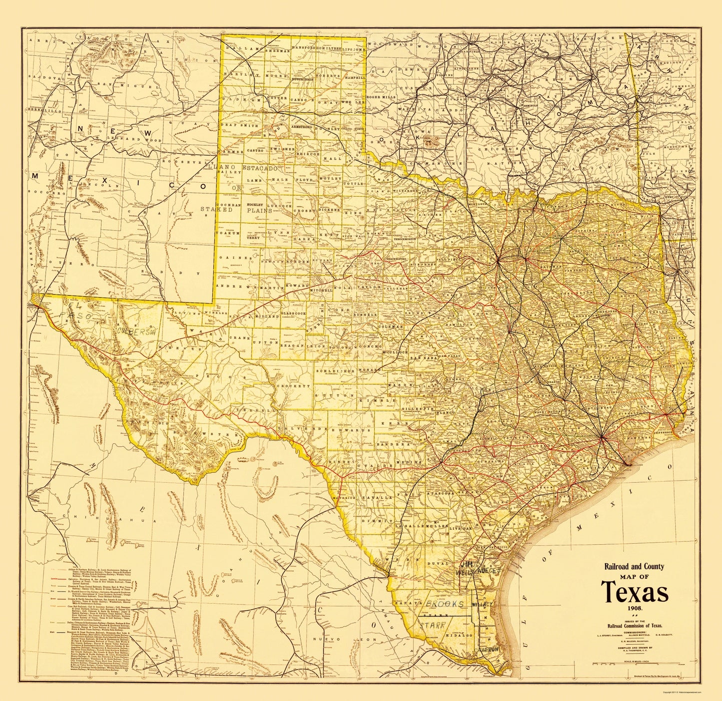 Historic State Map - Texas - Railroad Commission 1908 - 23 x 23.67 - Vintage Wall Art