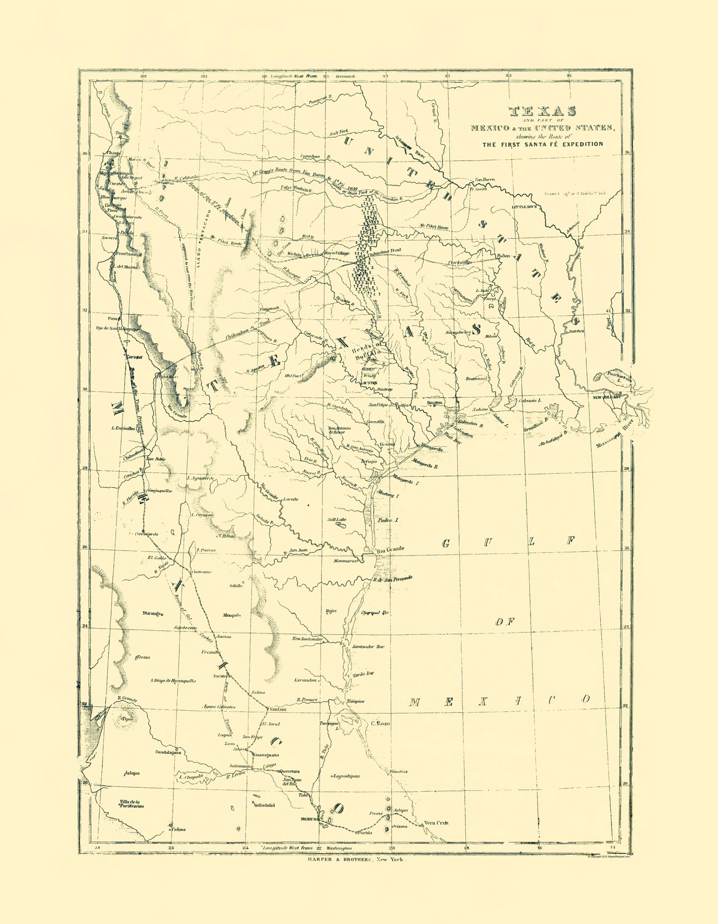 Historic State Map - Texas Route of 1st Santa Fe Express - Harper 1844 - 23 x 29.57 - Vintage Wall Art