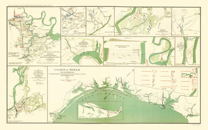 Historical Civil War Map - Texas Coast Defenses 10 Views - Walker 1864 - 23 x 36.75 - Vintage Wall Art