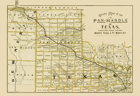 Railroad Map - Denver Texas and Ft Worth Railroad - Northrup 1888 - 23 x 33 - Vintage Wall Art