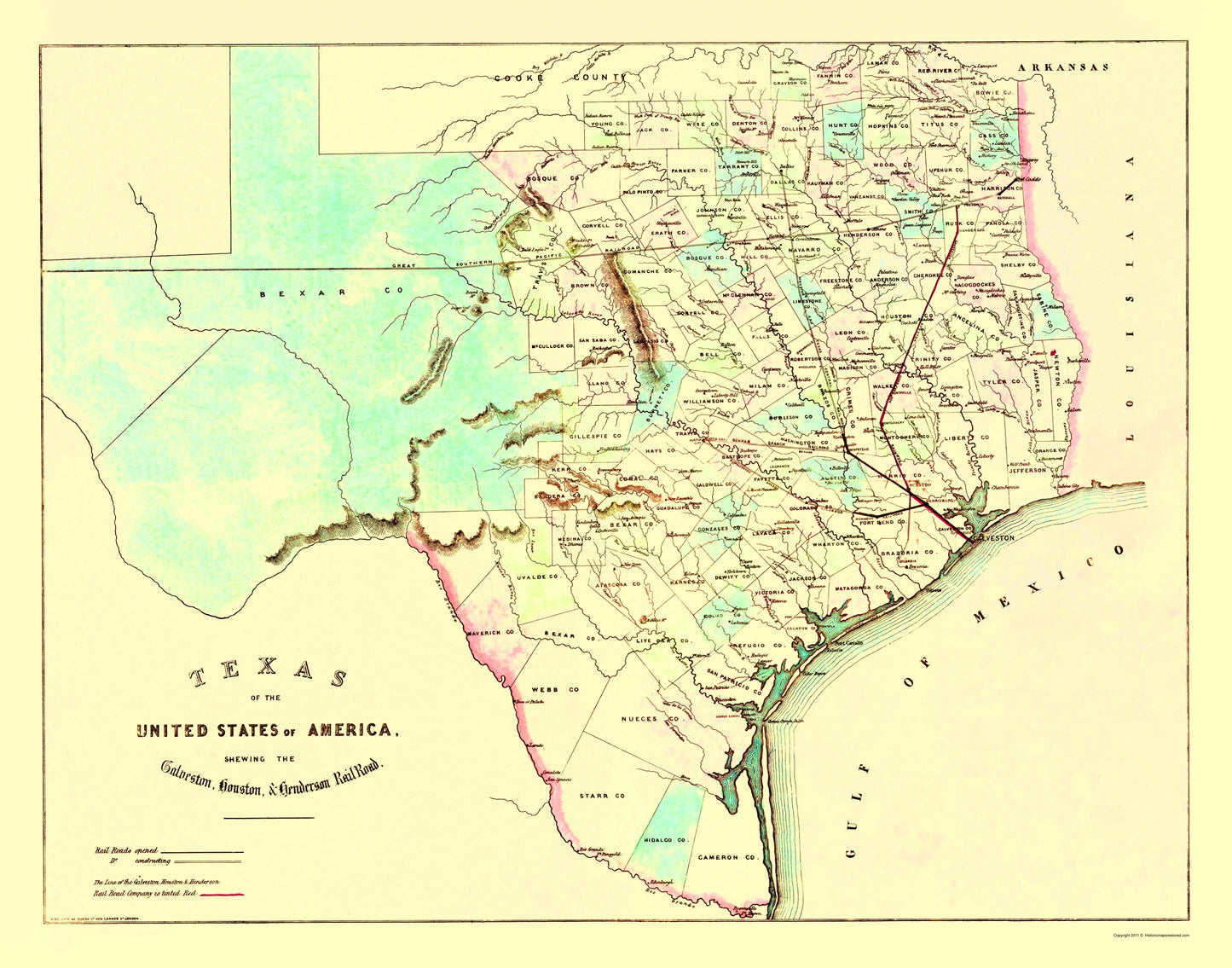 Railroad Map - Galveston Houston Henderson Railroad 1872 - 23 x 29 - Vintage Wall Art