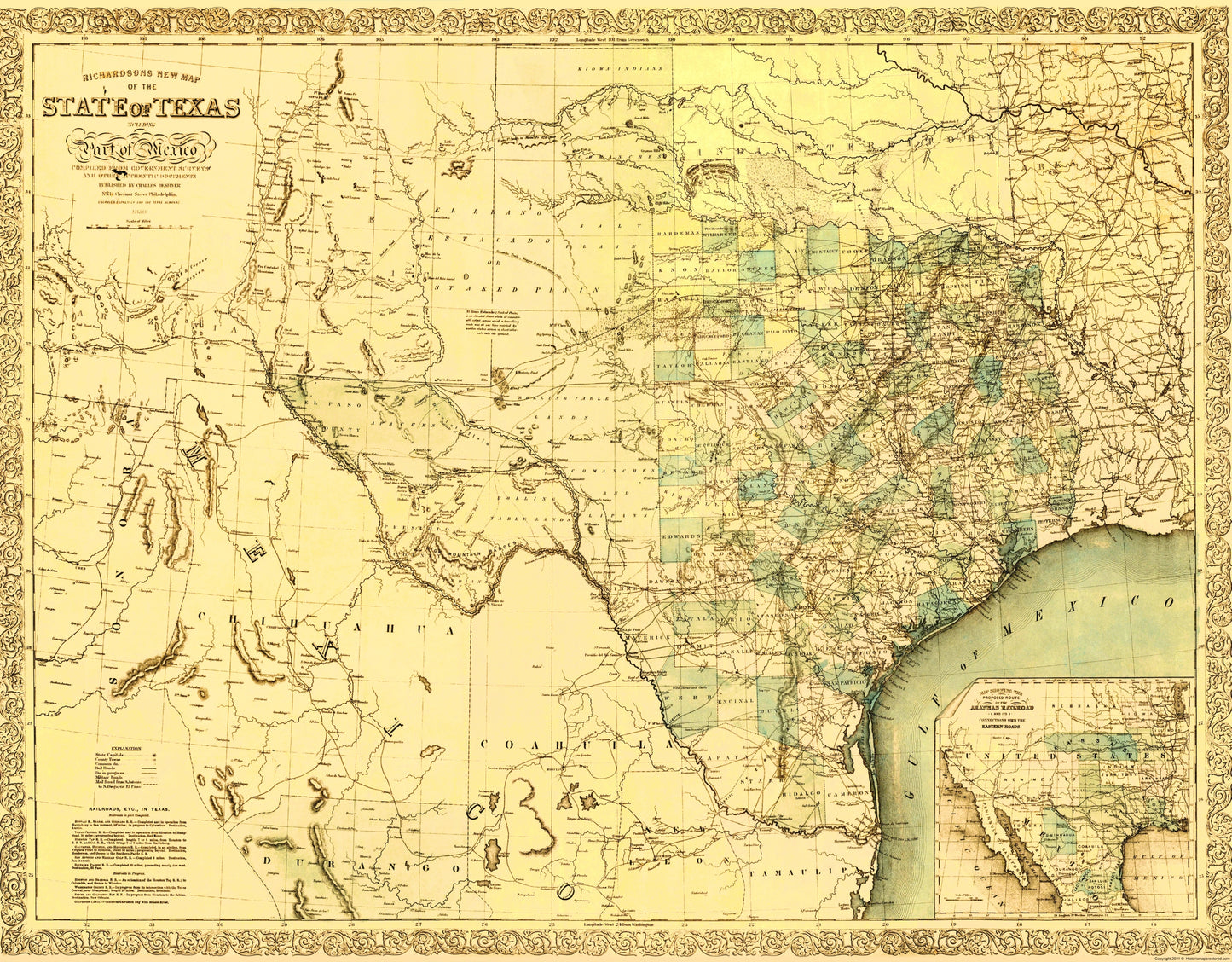 Historic State Map - Texas Northern Mexico - Desilver 1859 - 23 x 29 - Vintage Wall Art