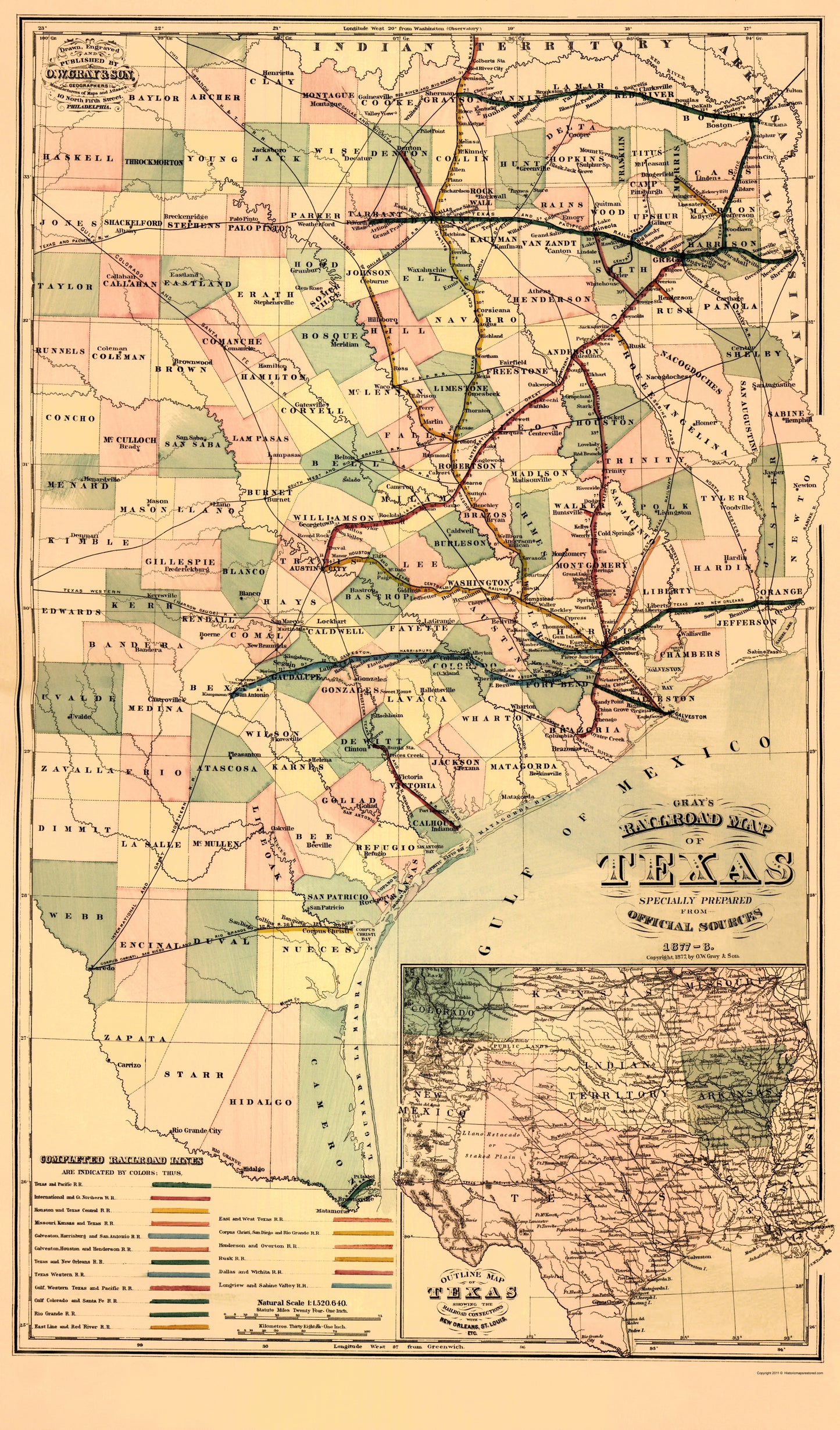 Railroad Map - Texas Railroad - Gray 1877 - 23 x 39.16 - Vintage Wall Art