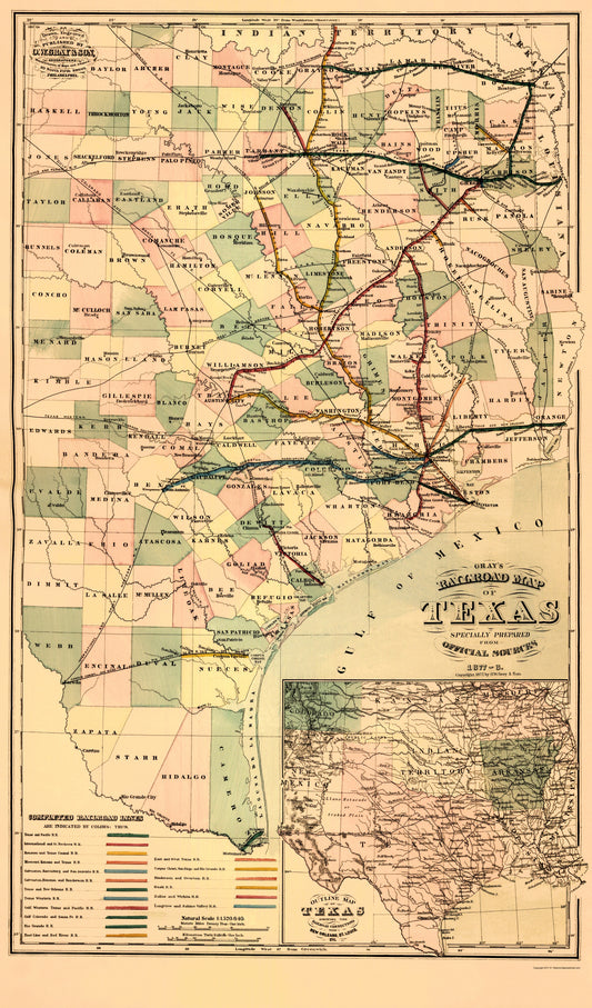 Railroad Map - Texas Railroad - Gray 1877 - 23 x 39.16 - Vintage Wall Art