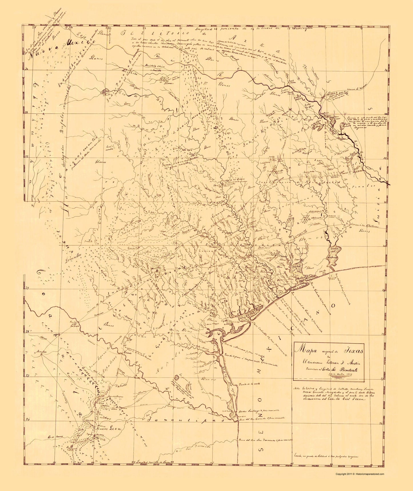 Historic State Map - Texas - Austin 1829 - 23 x 27.35 - Vintage Wall Art