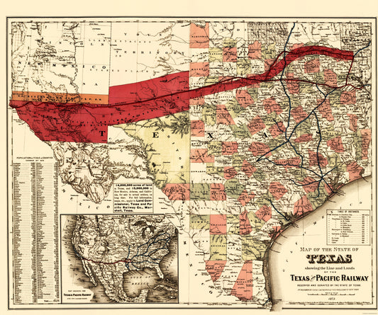 Railroad Map - Texas and Pacific Railway - Colton 1873 - 23 x 27.56 - Vintage Wall Art