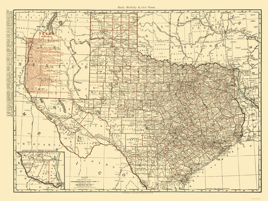 Railroad Map - Texas State Railroads - Rand McNally 1900 - 23 x 30.65 - Vintage Wall Art