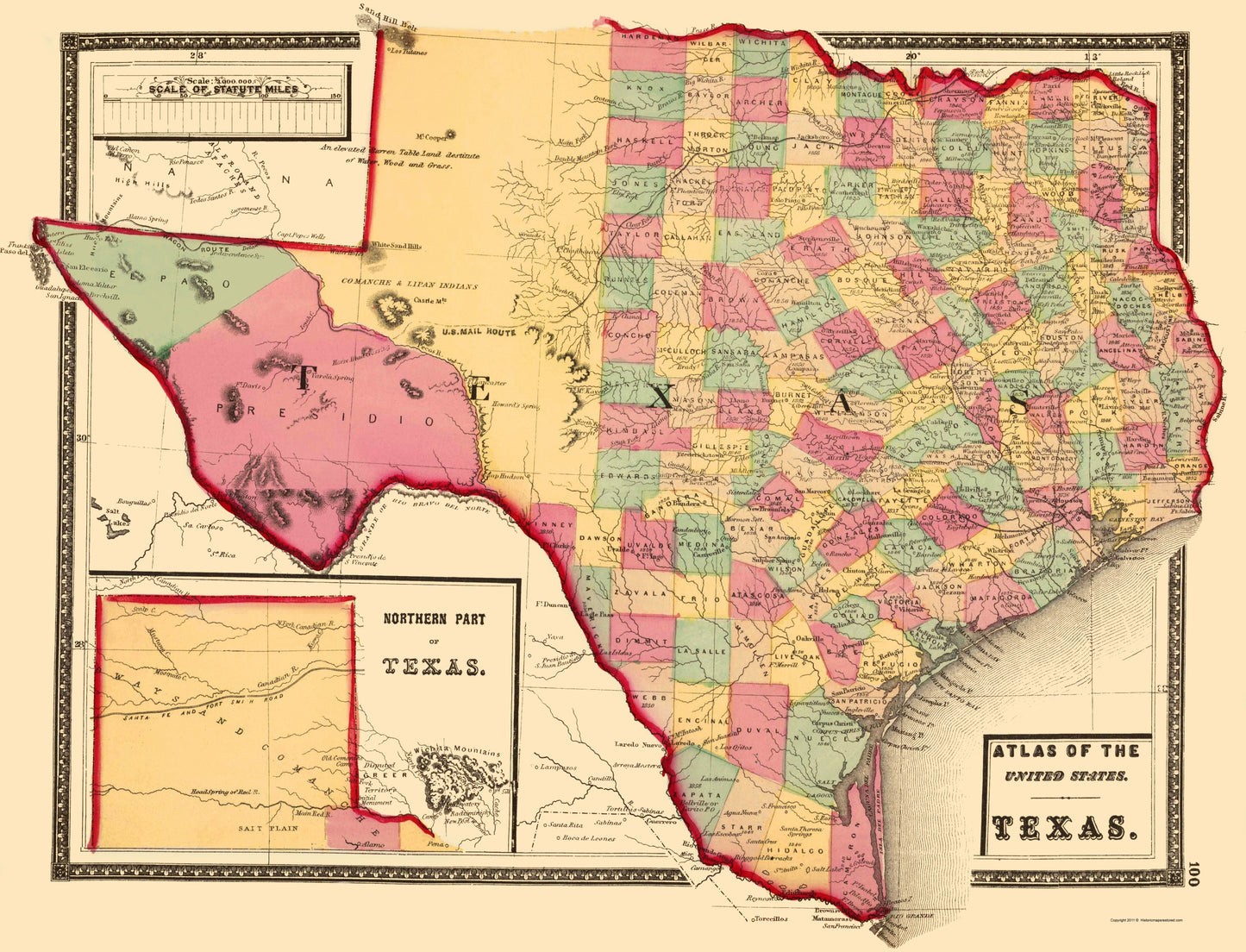 Historic State Map - Texas - Stedman 1873 - 23 x 30.10 - Vintage Wall Art