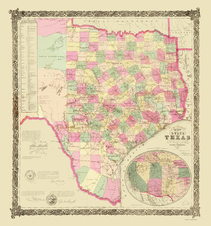 Historic State Map - Texas - USGeneral Land Office 1867 - 23 x 24.67 - Vintage Wall Art