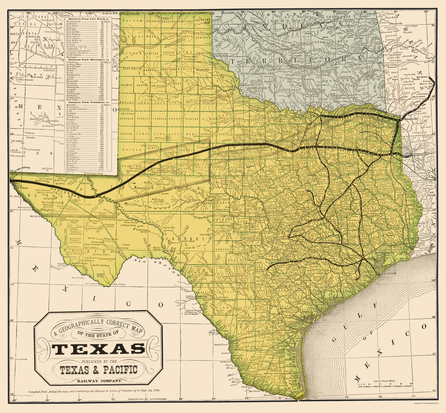 Railroad Map - Texas Railroads - 1876 - 23 x 24 - Vintage Wall Art