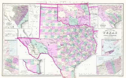 Historic State Map - Texas Oklahoma Indian Territory - Gray 1876 - 23 x 36.82 - Vintage Wall Art