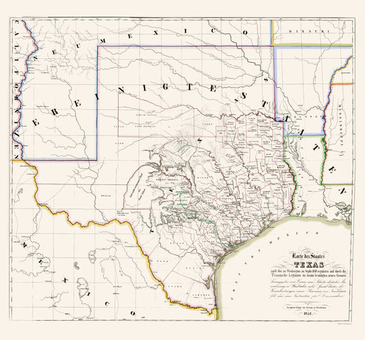 Historic State Map - Texas - Association for German Immigrants 1851 - 23 x 24 - Vintage Wall Art