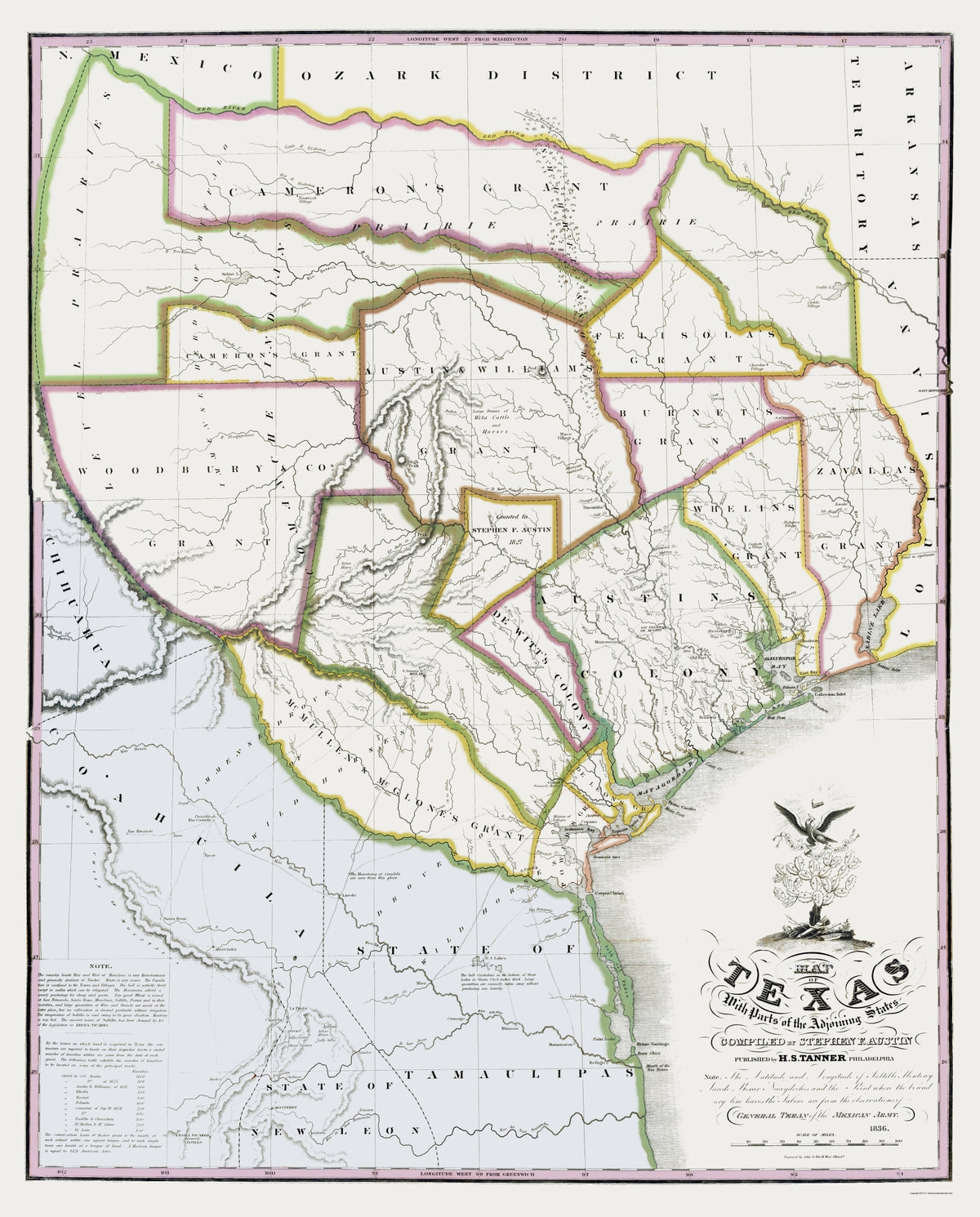 Historic State Map - Texas Settlement Grants - Tanner 1836 - Vintage W ...
