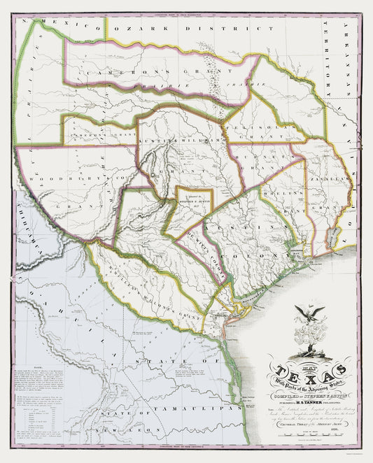 Historic State Map - Texas Settlement Grants - Tanner 1836 - 23 x 28.57 - Vintage Wall Art