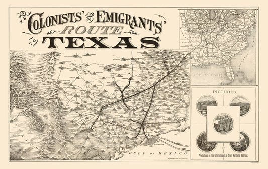 Historic State Map - Texas Colonists and Emigrants Route 1878 - 23 x 36 - Vintage Wall Art