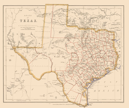 Historic State Map - Texas - Stanford 1857 - 23 x 27.49 - Vintage Wall Art