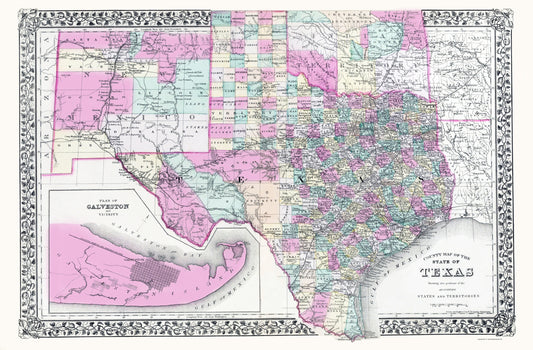 Historic State Map - Texas New Mexico Indian Territory - Gamble 1890 - 23 x 35 - Vintage Wall Art