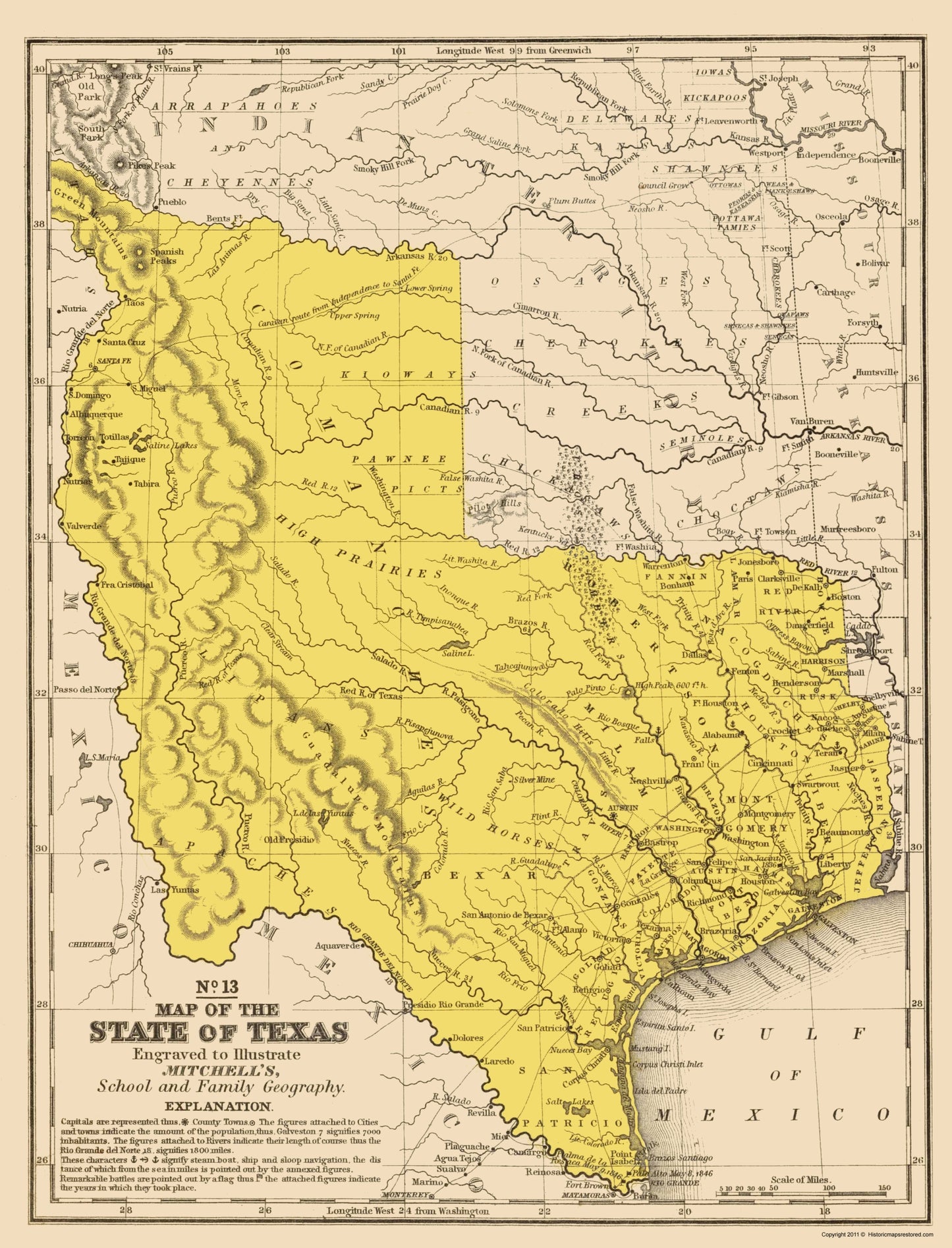 Historic State Map - Texas Geographical - Mitchell 1847 - 23 x 30.16 - Vintage Wall Art