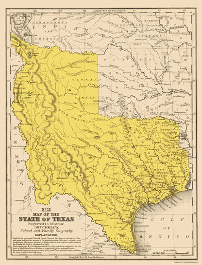 Historic State Map - Texas Geographical - Mitchell 1847 - 23 x 30.16 - Vintage Wall Art