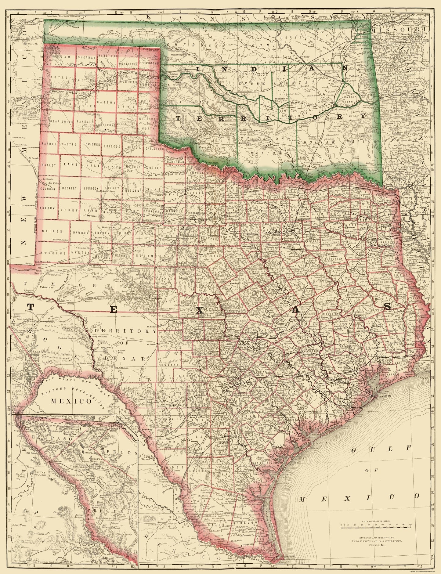 Historic State Map - Texas Indian Territory - Rand McNally 1879 - 23 x 29.94 - Vintage Wall Art