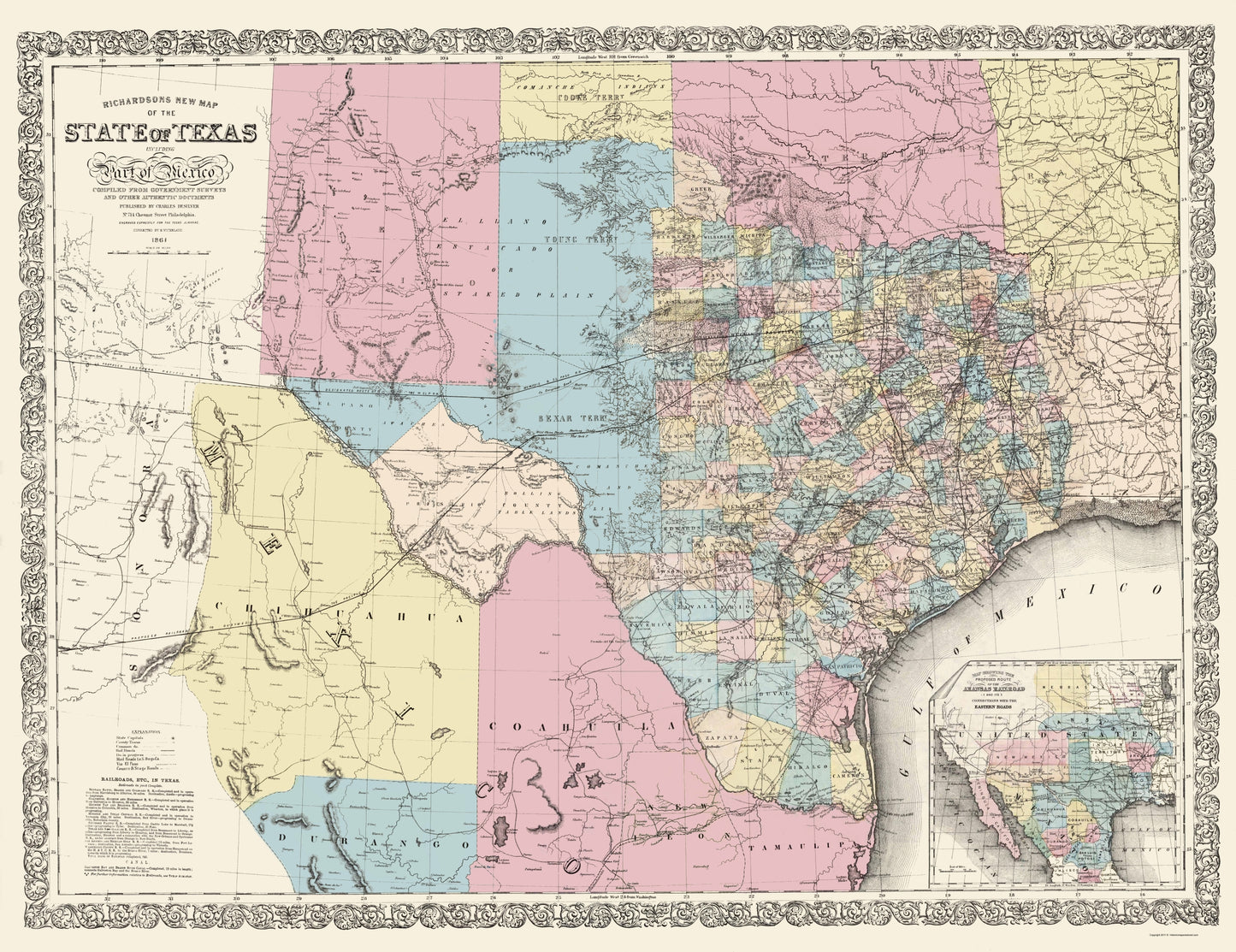 Historic State Map - Texas Part of Mexico - Desilver 1861 - 23 x 29.87 - Vintage Wall Art