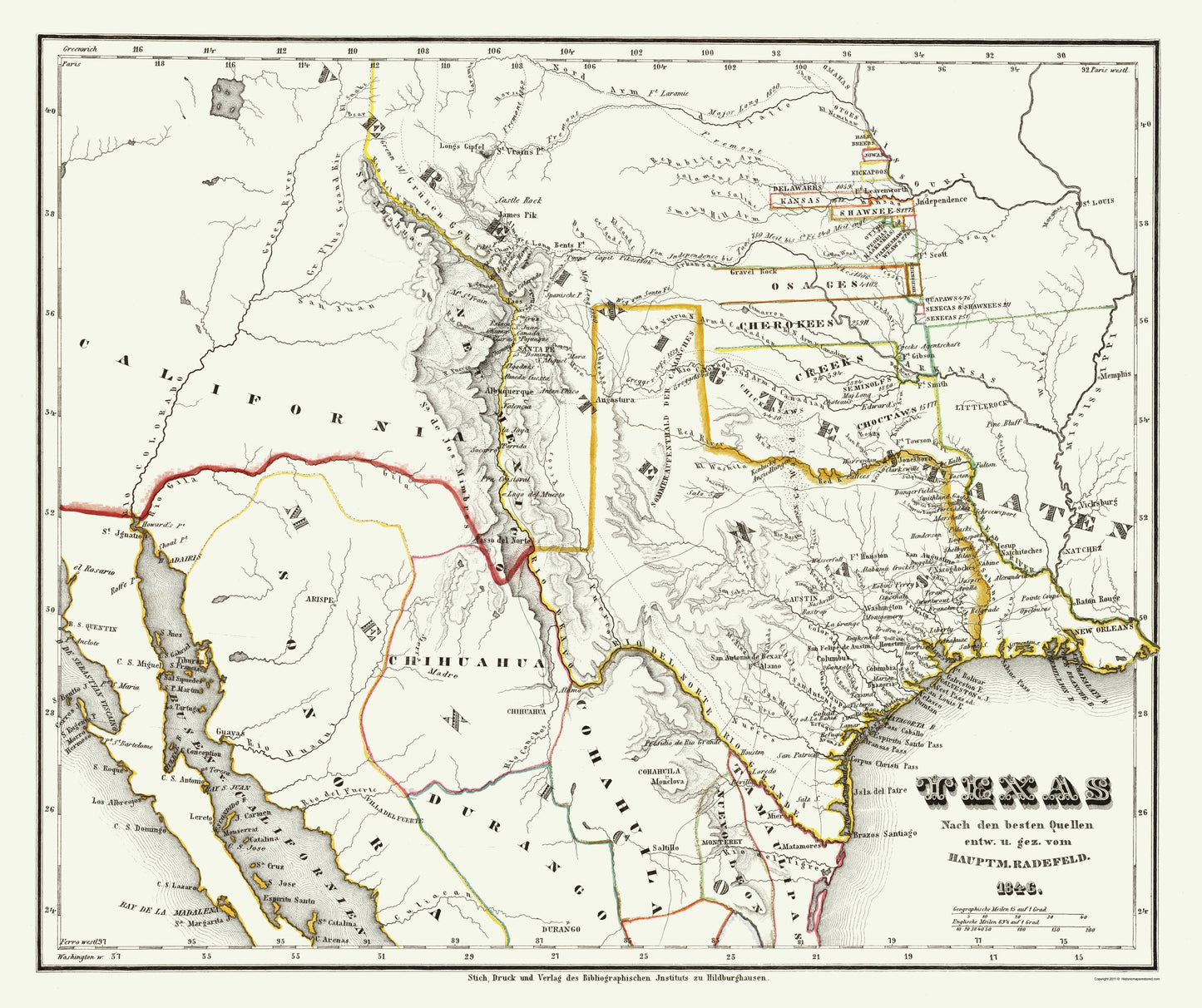 Historic State Map - Texas Surrounding Territories - Radefeld 1846 - 23 x 27.42 - Vintage Wall Art