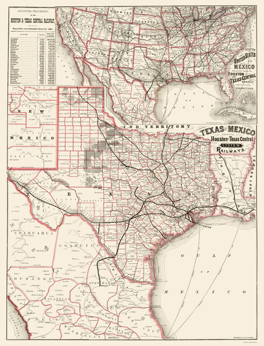 Railroad Map - Houston and Texas Central Railways - Rand McNally 1880 - 23 x 30.20 - Vintage Wall Art