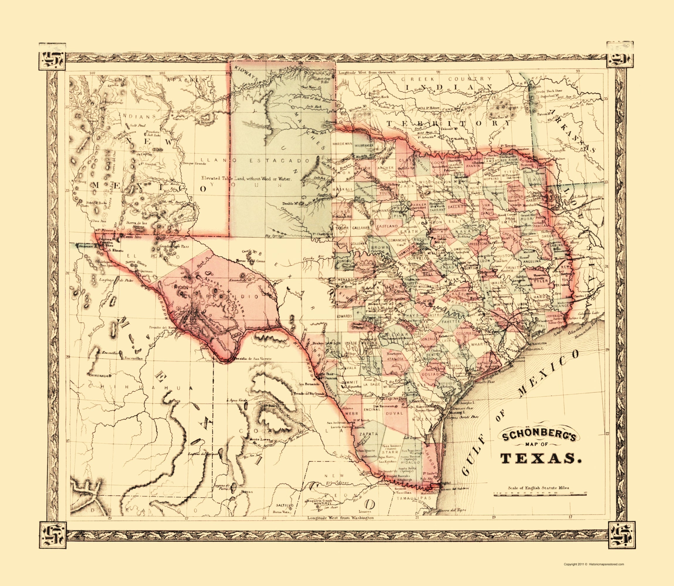 Historic State Map - Texas - Schonberg 1867 - 23 x 26.42 - Vintage Wal ...