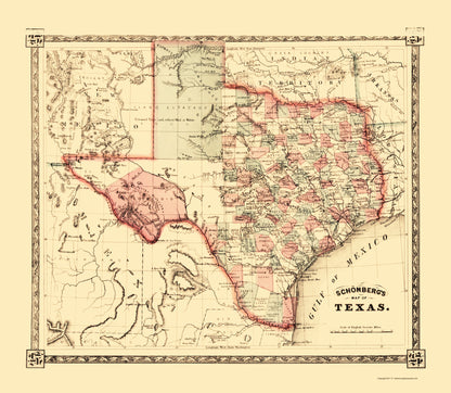 Historic State Map - Texas - Schonberg 1867 - 23 x 26.42 - Vintage Wall Art