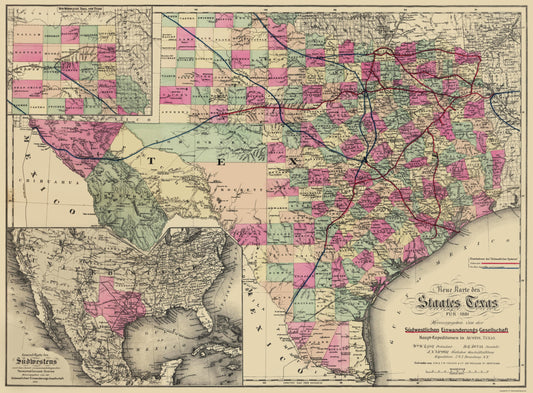 Historic State Map - Texas - Colton 1881 - 23 x 31.16 - Vintage Wall Art