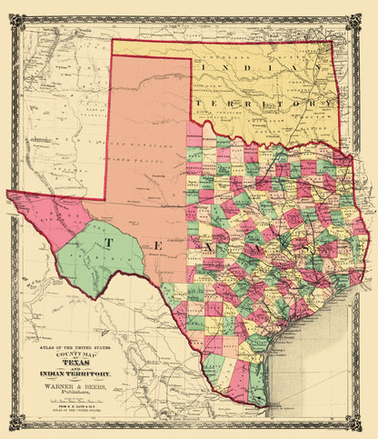 Historic State Map - Texas Indian Territory - Warner Beers 1876 - 23 x 26.70 - Vintage Wall Art