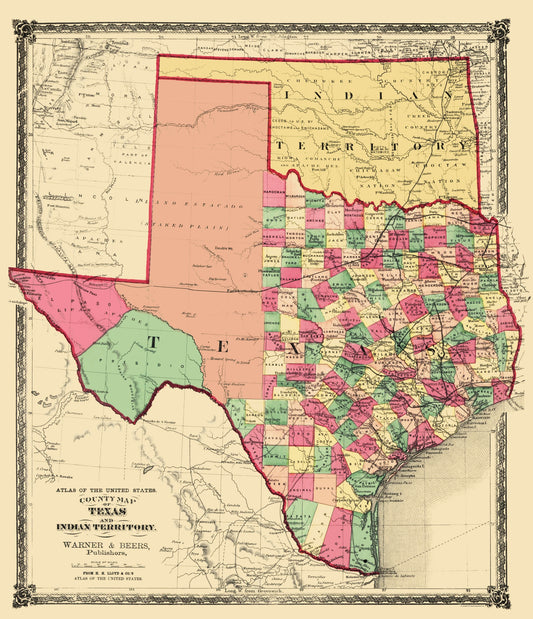 Historic State Map - Texas Indian Territory - Warner Beers 1876 - 23 x 26.70 - Vintage Wall Art