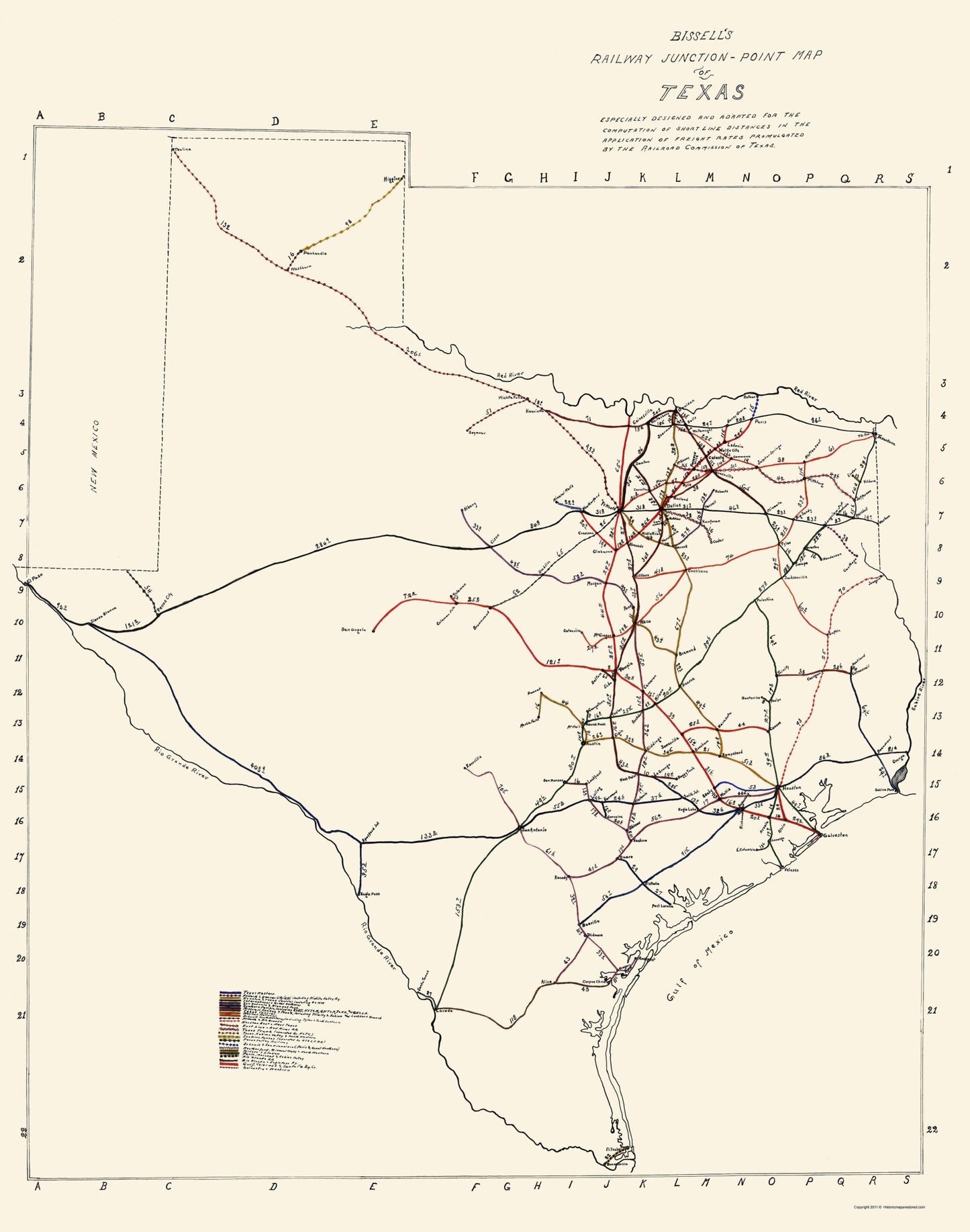 Railroad Map - Texas Railway Junction Points - Bissell 1891 - 23 x 29.20 - Vintage Wall Art