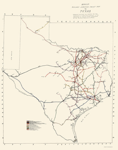 Railroad Map - Texas Railway Junction Points - Bissell 1891 - 23 x 29.20 - Vintage Wall Art