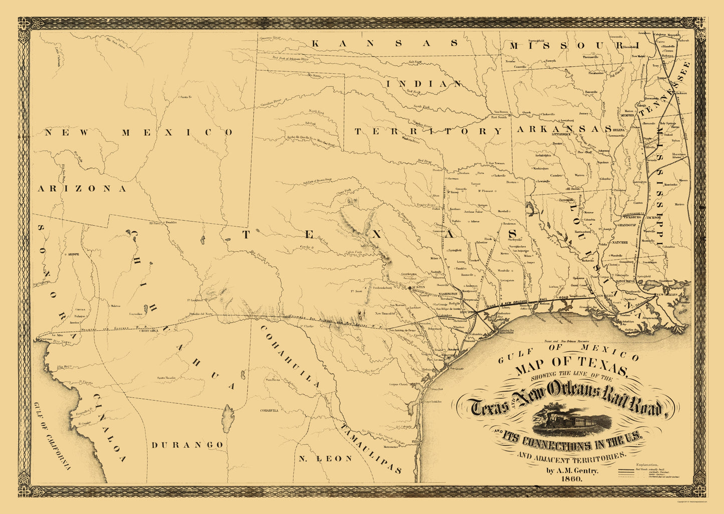 Railroad Map - Texas and New Orleans Railroad - Gentry 1860 - 23 x 32.35 - Vintage Wall Art