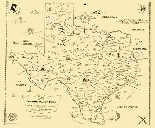 Historic State Map - Texas Literary Map - National Bank of Dallas 1955 - 23 x 27.78 - Vintage Wall Art