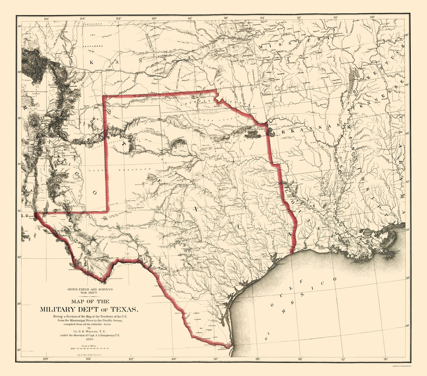 Historic State Map - Texas Military Department - Bien 1859 - 23 x 26.10 - Vintage Wall Art