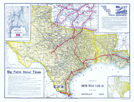 Railroad Map - Frisco Lines - South Texas Land 1911 - 23 x 30.10 - Vintage Wall Art