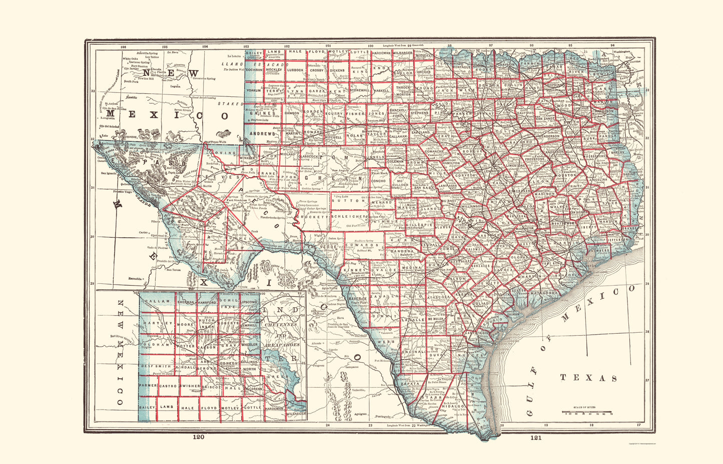 Historic State Map - Texas - Rathbun 1893 - 23 x 35.79 - Vintage Wall Art