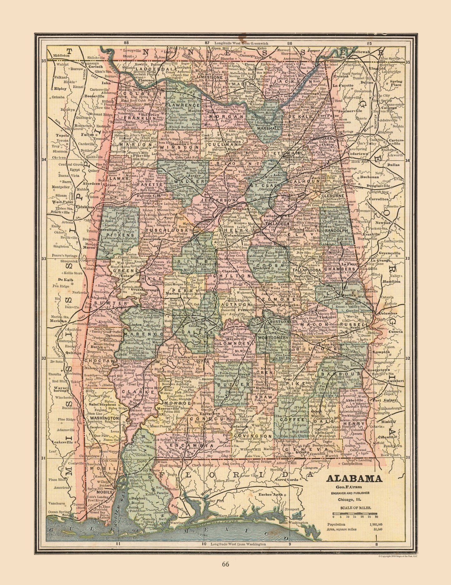 Historic State Map - Alabama - Cram 1888 - 23 x 29.82 - Vintage Wall Art