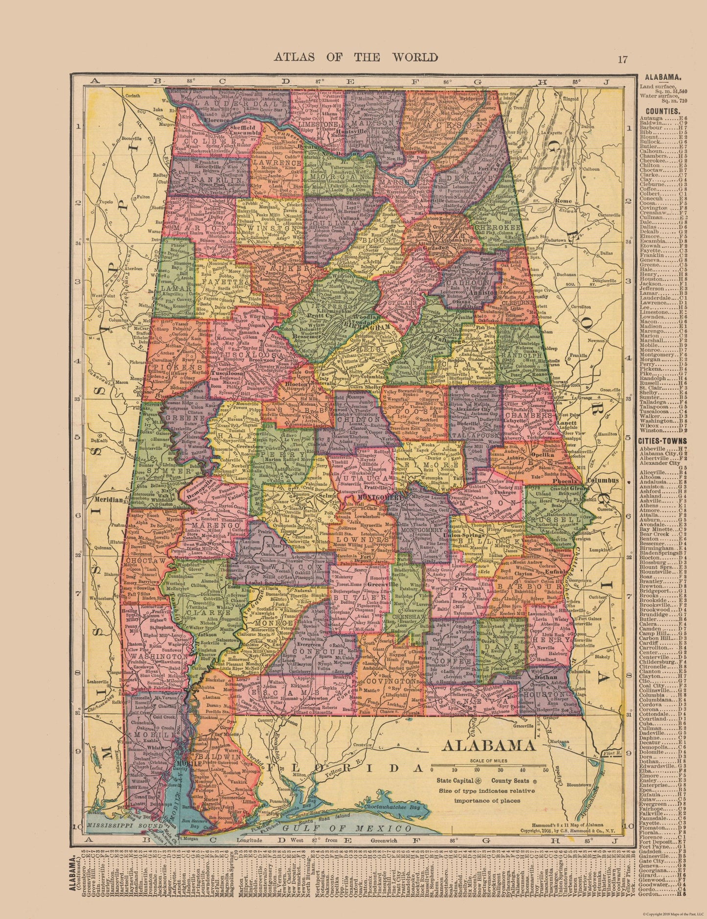 Historic State Map - Alabama - Hammond 1910 - 23 x 29.87 - Vintage Wall Art