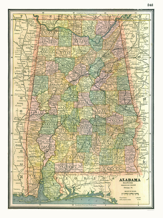 Historic State Map - Alabama - Johnson 1888 - 23 x 30.74 - Vintage Wall Art