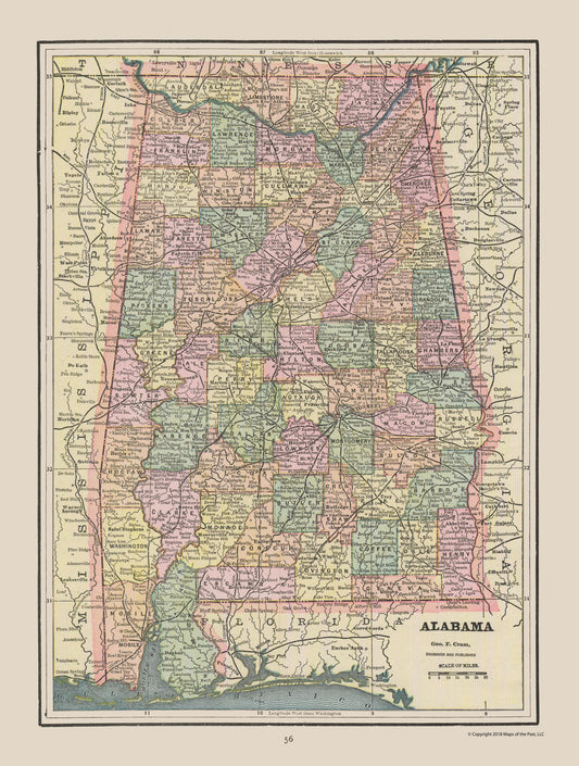 Historic State Map - Alabama - Cram 1892 - 23 x 30.41 - Vintage Wall Art