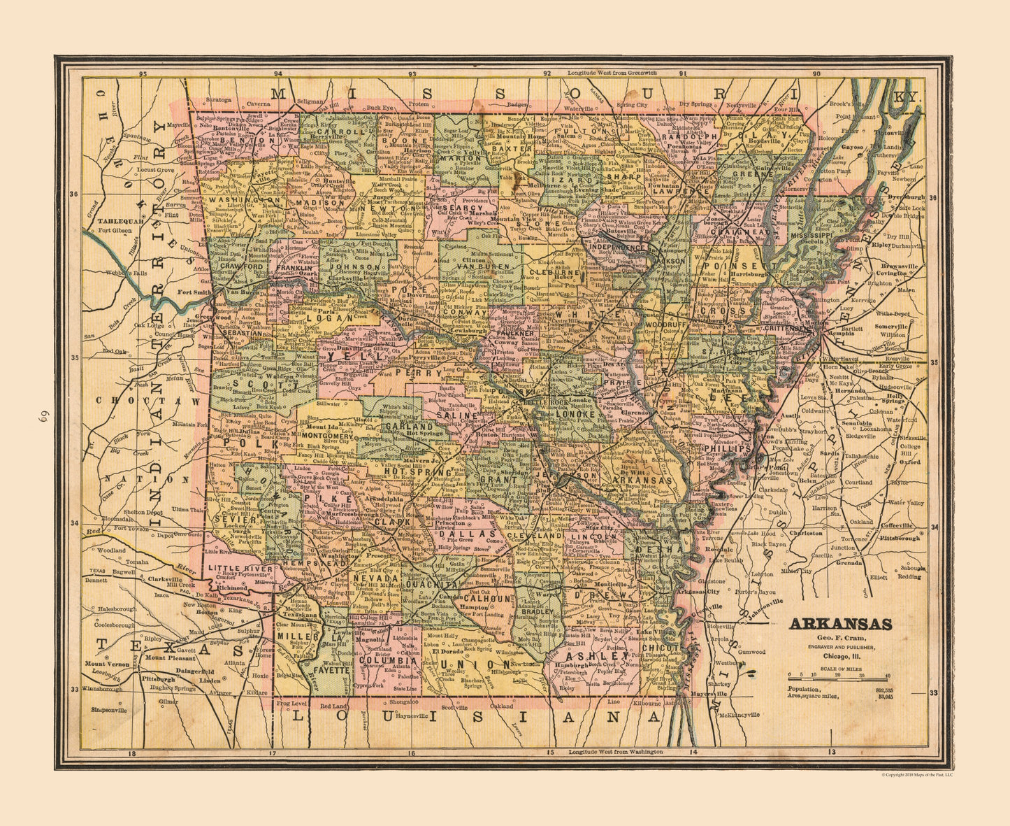 Historic State Map - Arkansas - Cram 1888 - 28.14 x 23 - Vintage Wall Art