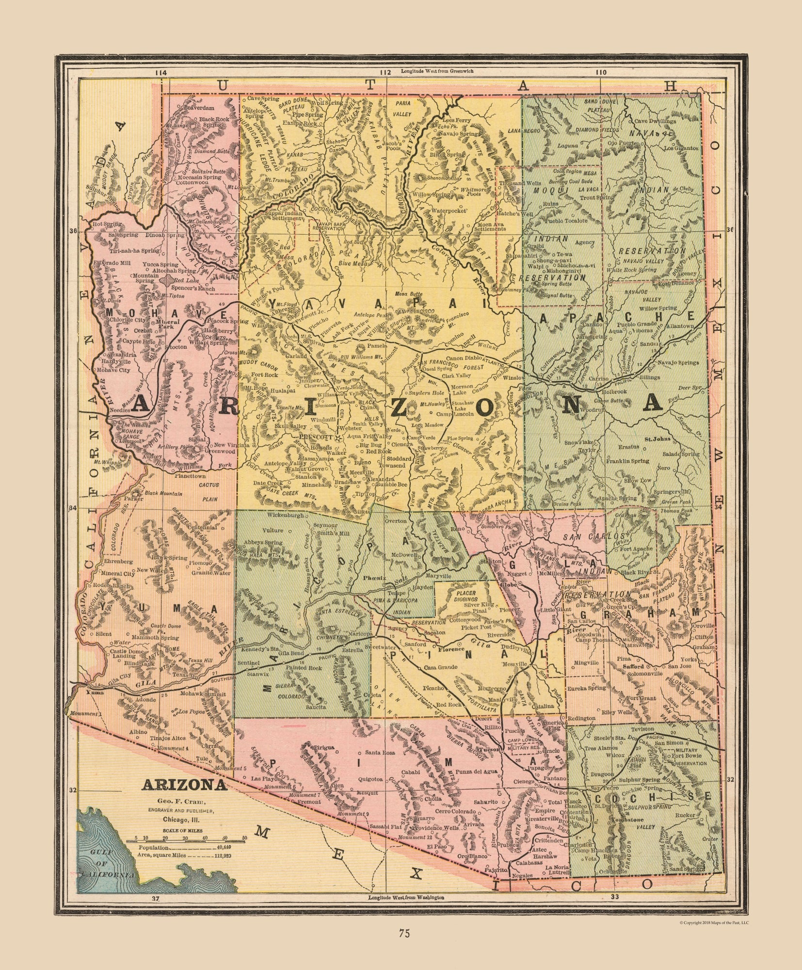 Historic State Map - Arizona - Cram 1888 - 23 x 27.81 - Vintage Wall A ...