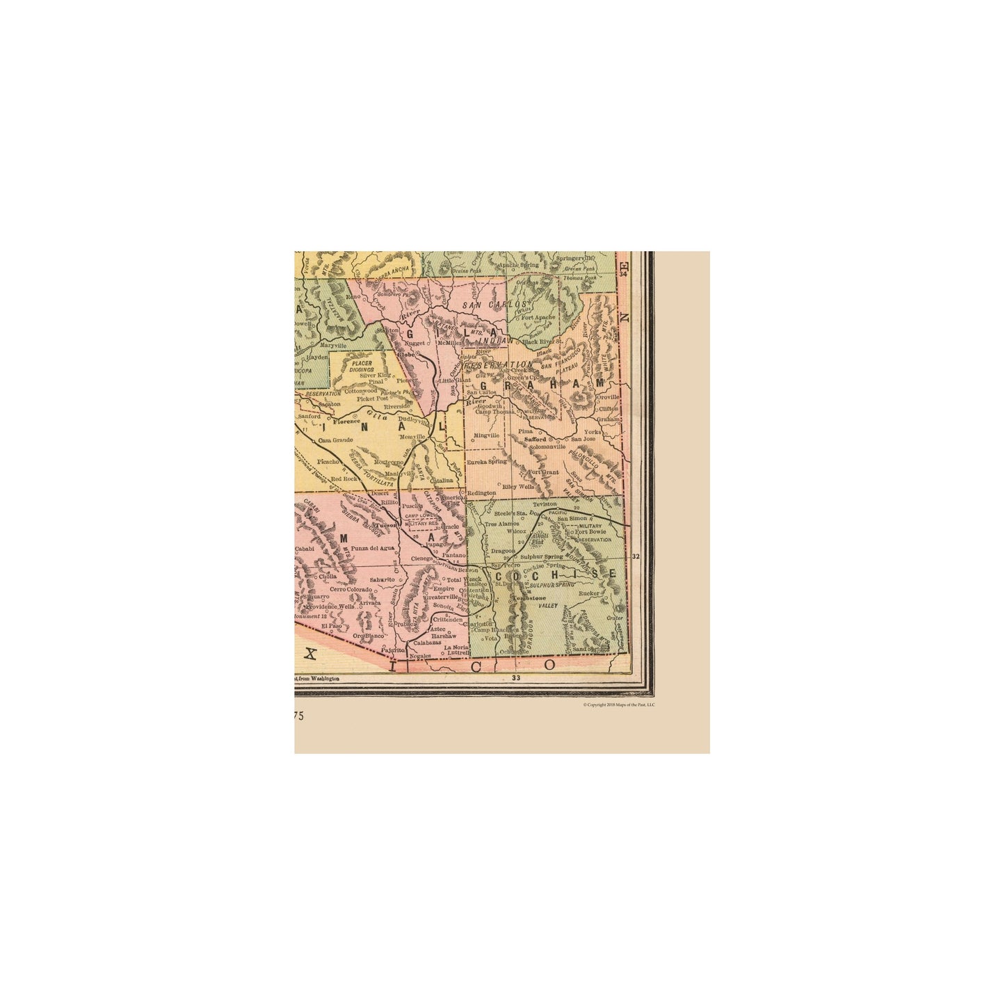 Historic State Map - Arizona - Cram 1888 - 23 x 27.81 - Vintage Wall Art