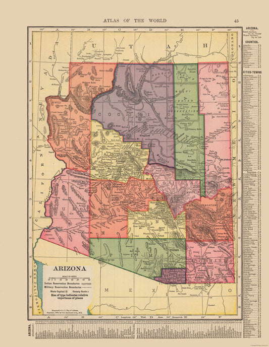 Historic State Map - Arizona - Hammond 1910 - 23 x 29.73 - Vintage Wall Art
